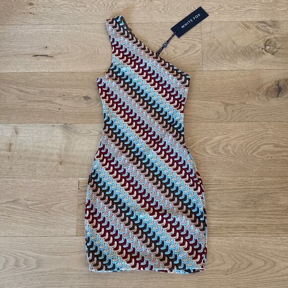 White Fox Mini Dress One Shoulder Go Loco Autumn Size XS Blue Tan Red - Picture 1 of 6